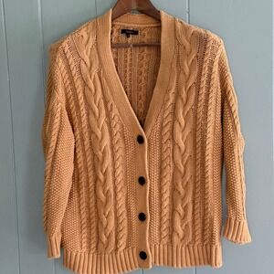 Quince Organic Cotton Oversized Cable Knit Cardigan Camel XS Coastal Chic